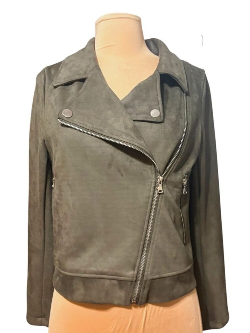 Faux Suede Leather Moto Jacket XS Olive Green Vegan Zip EUC Soft Pockets Zip